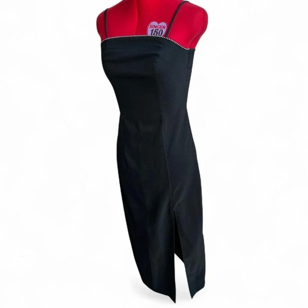 City Triangles 90s Vintage Black Spaghetti Strap Midi Dress Rhinestone‎ Trim